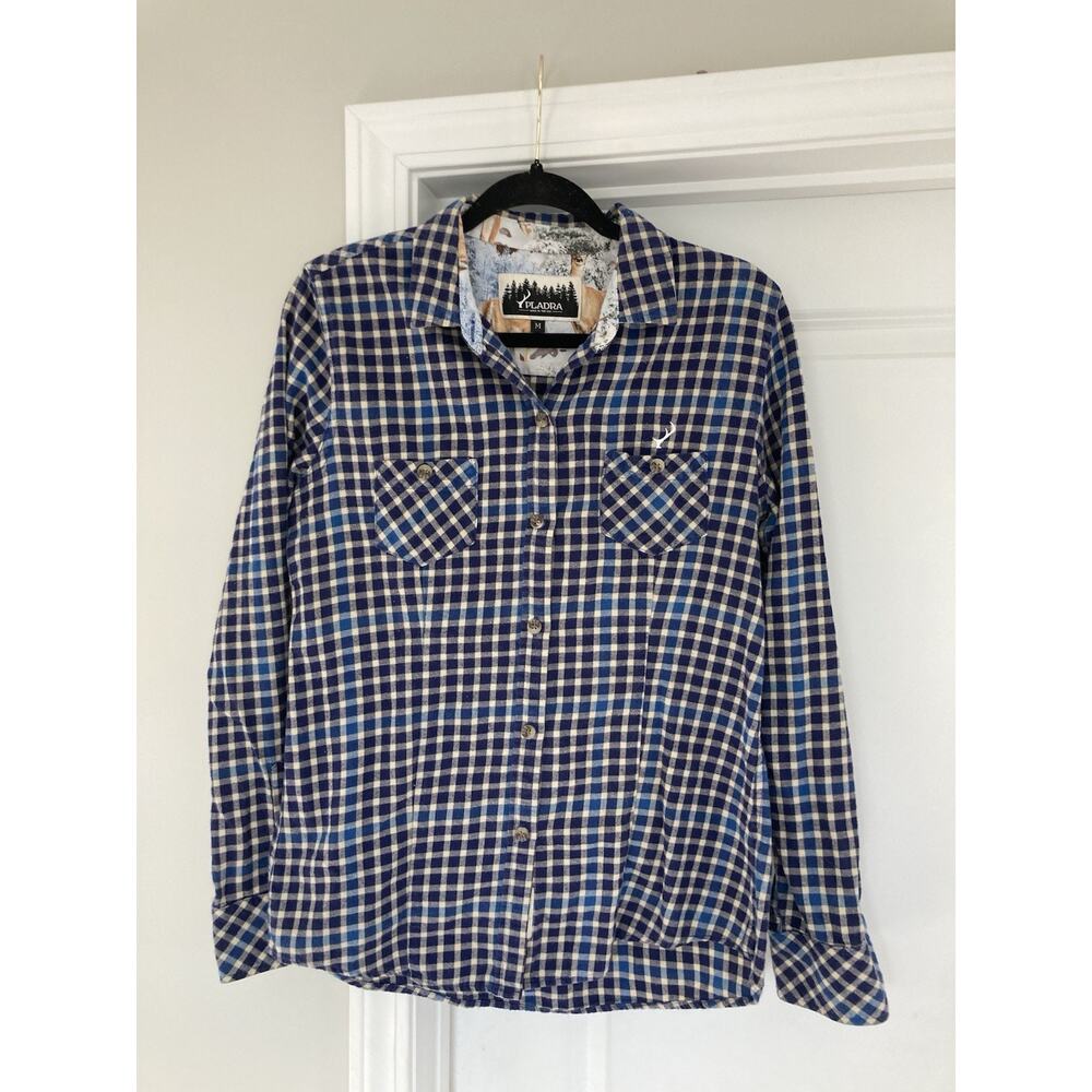 Pladra Flannel Shirt Women Medium Blue Plaid USA Outdoor Casual Deer Cuffs